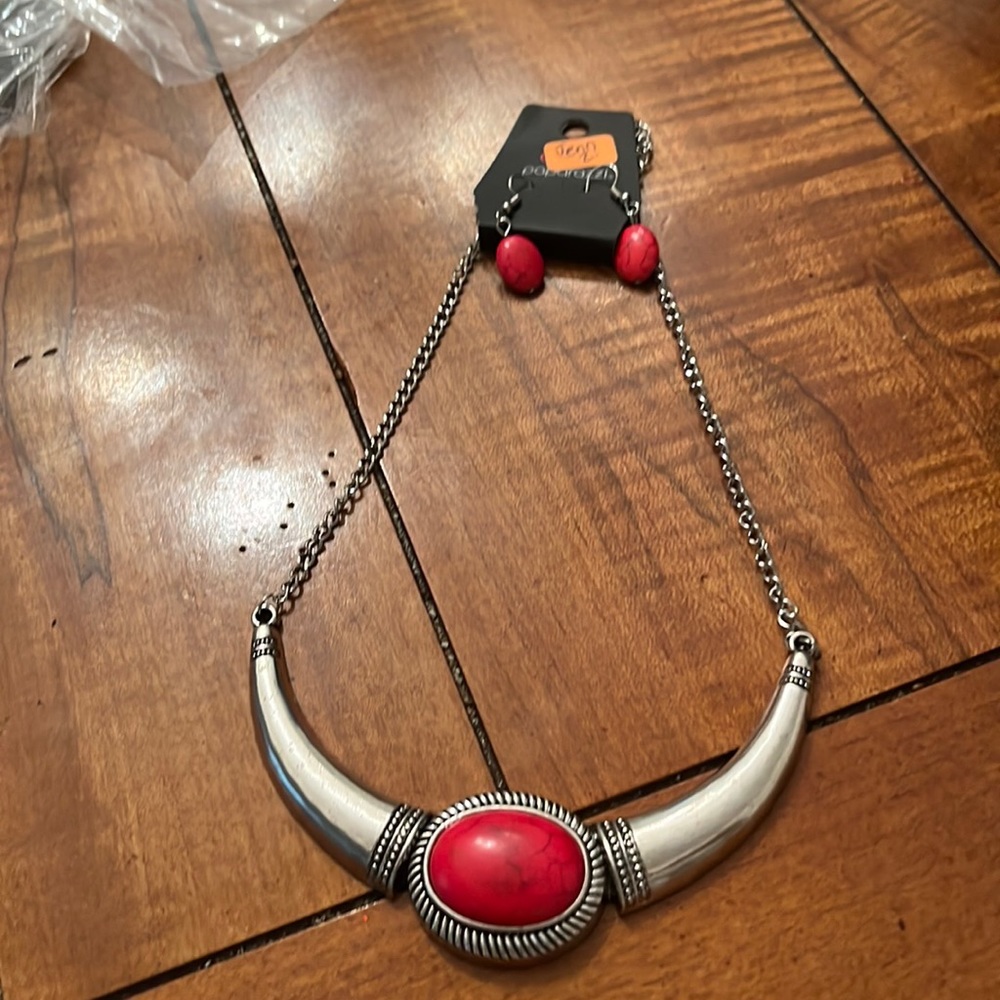 Paparazzi, necklace, and matching earrings, and silver with Redstone